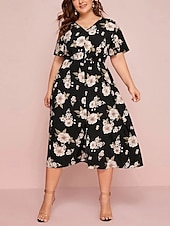 ieftine Rochii-Pentru femei Mărime Plus Rochie casual Floral În V Manșon scurt Vară Primăvară Elegant Modă Modern Casual Rochii Midi Zilnic Concediu Rochie