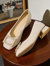 olcso Block Heels-női bézs színű, szögletes orrú, alacsony sarkú, műbőr lapos talpú cipő gyöngycsattal, elegáns hétköznapi megjelenéshez és mindennapi randevúkhoz