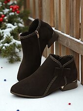 abordables Bottines-Bottines rouges en simili-suède pour femme – bottines à talon bas avec nœud latéral pour les tenues d&#039;hiver, les fêtes de Noël et les achats décontractés