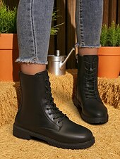 baratos Botas de tornozelo-Botas de combate femininas de couro sintético marrom com zíper lateral – botas de cano curto com cadarço para trabalho ao ar livre no outono, tarefas agrícolas e uso casual diário