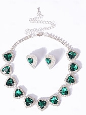 baratos Colar Feminino-Conjunto de colar e brincos de cristal com coração vermelho para mulheres - joias elegantes banhadas a prata para casamentos, festas e eventos formais