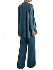abordables Moins de 129,99 $-Tailleur-pantalon trois pièces robe mère de la mariée élégante col rond longueur sol polyester manches longues avec perles