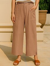 economico Pantaloni in lino e cotone semplici-Per donna Pantaloni in cotone e lino Gamba larga Chinos Vacanza Vintage Moda Lunghezza intera Vita Alta Semplice Tasca Comodità All&#039;aperto Inelastico Vacanza Streetwear Quotidiano Giallo Arancione