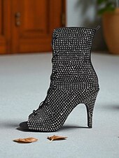 abordables Bottines de danse-Bottines de danse à bout ouvert et strass pour femmes - bottines à talons courts et lacets scintillants pour les spectacles de salon et de scène latins