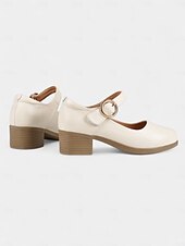 levne Block Heels-Dámské Podpatky Bílé boty Kancelář Práce Přezky Blokovat patu Oblá špička Pohodlné Chůze Kůže Spona Černá Béžová