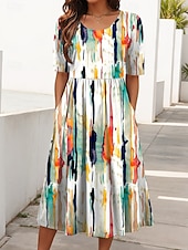 ieftine Rochie cu dungi și geometrică-Pentru femei Rochii Midi Rochie de vară Rochie plisata Vacanță Casual Concediu Fit regulat Grafic Geometric Abstract Manșon Jumate Stil Nautic Negru Albastru piscină Portocaliu Trifoi Vară Primăvară