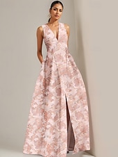 ieftine roz-Rochie de seară A-line elegantă brocard jacard rochie formală de nuntă lungime până la podea fără mâneci decolteu în V cu fante rochie pentru oaspeți de nuntă