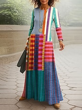 preiswerte Streifen- und geometrisches Kleid-Damen Maxikleid T-Shirt-Kleid A Linie Kleid Sommerkleid Urlaub Lässig Strand Täglich Normale Passform Grafik Geometrisch Langarm Rundhalsausschnitt Rote Blau Orange Frühling Herbst Winter