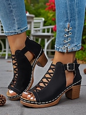 olcso Block Heels-női peep toe kivágott tömbsarkú bokacsizma hátsó cipzárral – stílusos nyári vastag sarkú cipő randevúkra, kerti partikra és szabadtéri rendezvényekre