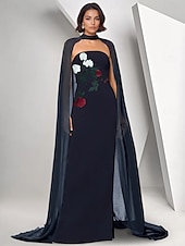 abordables BLEU-Robe à fleurs brodée, robe cape, robe fourreau/colonne, robe de soirée, crêpe extensible, robe élégante, robe de mariée formelle, longueur au sol, sans manches, sans bretelles, 2025