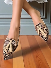 cheap Women&#039;s Slip-Ons &amp; Loafers-Women&#039;s Leopard Print Tassel Flats - Retro Style Pointed Toe Shoes with Orange Trim and Block Heel for Daily Wear &amp; Casual Outings