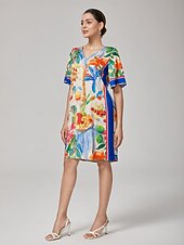 preiswerte Blumenkleider-Minikleid mit geradem V-Ausschnitt und Fruchtblumenmuster