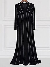 preiswerte SCHWARZ-Black Tie Galakleid Etuikleid/Säulenkleid Abendkleid Smokingkleid formelle Abendparty bodenlang Langarm V-Ausschnitt Polyester mit Kristallen 2025