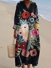 abordables Robes Floraux Imprimés-Femmes Robe Midi Robe Décontractée Robe Imprimée Mode Moderne Quotidien Plage Week-end Coupe régulière Fleuri manche longue Col en V Noir Jaune Vert Printemps Automne