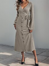 abordables Robes en tricot-Femmes Robe Midi Robe Tricot Robe Décontractée Mode Moderne Quotidien Date Week-end Coupe régulière Uni manche longue Col en V Kaki Automne Hiver