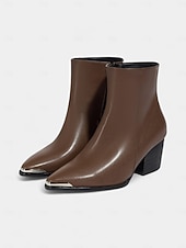 Недорогие Ботильоны-Женские коричневые ботильоны с острым носком из искусственной кожи – ботильоны в стиле вестерн на среднем каблуке с металлическим носком и молнией сбоку, повседневная осенняя обувь для городского уличного стиля и офисных нарядов