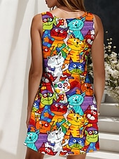 abordables Animales Vestidos-Mujer Mini vestido Vestido de verano Vestido de una línea Vestido con hombros descubiertos Vacaciones Casual Festivos Playa Ajuste regular Graphic Gato Sin Mangas Cuello Barco Amarillo Rojo Azul
