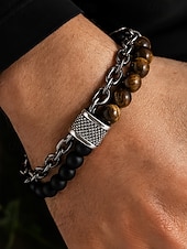 Недорогие Мужские украшения-мужской браслет-цепочка из натуральных камней с бусинами – двухрядный регулируемый браслет с застежкой-тогл для повседневного, уличного и праздничного стиля