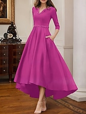 abordables Robes de cocktail-Robe de cocktail trapèze élégante, robe de soirée formelle, longueur thé, robe asymétrique, manches mi-longues, col en V, satin extensible avec poche à perles, 2025