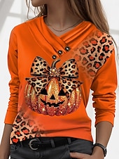 abordables Hauts d&amp;#39;Halloween-Halloween Femmes T-shirt ancien Élégant Occasionnel manche longue Col en V Hauts Réguliers Quotidien Boutons Imprimé Noir Jaune Orange Automne Hiver