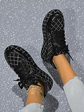 baratos Festa da Vida Noturna-Tênis femininos acolchoados com strass - sapatos de festa com cadarço preto e prata para vida noturna, baladas e streetwear moderno