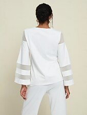 billiga Tvådelade set-Dam Vardaglig stil Chiffong Huvudstad Enfärgad / vanlig färg Dagliga kläder Datum Utekväll Illusion ärm Svart Vit Marinblå Crewneck Ren färg Ledig Långärmad Elegant Ledigt vardag Rund hals Vår