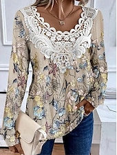 abordables T-shirt floral-Femmes Chemisier Fleuri Graphique Plantes Élégant ancien Mode manche longue Col ras du cou Col en V Hauts Réguliers Quotidien Sortir Week-end Dentelle Patchwork Imprimé Rose poussiéreuse Violet Kaki