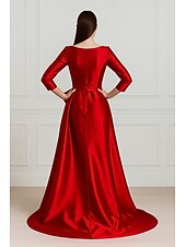 preiswerte ROT-rot-schwarzes A-Linien-Abendkleid, elegantes Kleid, formelle Hochzeit, bodenlang, 3/4-Ärmel, Rundhalsausschnitt, Stretch-Satin mit Falten, 2025