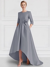 preiswerte A-Linie Abendkleider-A-Linie Abendkleid Elegantes Kleid Formal Hochzeit Asymmetrisch Halber Ärmel Crew-Ausschnitt Mutter der Braut Kleid Stretch Satin mit Tasche