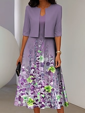preiswerte Blumenkleid-Damen Kleid-Set A Linie Kleid Sommerkleid Lässig Halbformelle Kleider Ombre Blumen Druck Midikleid Halbarm V Ausschnitt Urlaub Date Rosa Blau Purpur Sommer Frühling Normale Passform