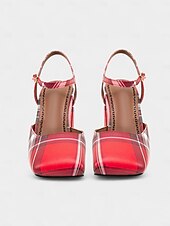 cheap Block Heels-Women&#039;s Purple Plaid Block Heel Pumps –1970s Retro Square Toe High Heels with Ankle Strap for Daily Wear, Office &amp; Vintage Outfits