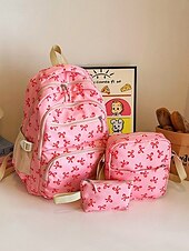 economico Zaini per Università-Set di 3 zaini scolastici per ragazze adolescenti: zaino in tela leggero con stampa di un grazioso fiocco rosa, borsa a tracolla di grande capacità e astuccio per matite, perfetto per la scuola, i viaggi e l&#039;uso quotidiano.