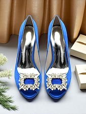 クリスタルバックル付きレディースサテンピープトゥパンプス - カクテルパーティーや夜のイベントに最適な、クラシックな女性用ハイヒールドレスシューズ お買い得  カクテル-クリスタルバックル付きレディースサテンピープトゥパンプス - カクテルパーティーや夜のイベントに最適な、クラシックな女性用ハイヒールドレスシューズ