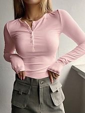 preiswerte Einfarbiges T-Shirt-Damen Bluse Einfarbig Stilvoll Basic Lässig Langarm Rundhalsausschnitt Normale Oberteile Täglich Knöpfe Schwarz Weiß Rosa Grün Grau Sommer Frühling Herbst