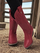 abordables Cowboy et bottes occidentales-Bottes de cowboy style western pour femmes – bottes mi-mollet en similicuir marron pour les festivals d&#039;automne, les citrouilles et les tenues champêtres
