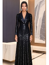 cheap BLACK-Black Tuxedo Dress A-Line Evening Gown Blazer Dress Formal Wedding Floor Length Long Sleeve V Neck Satin Peak Lapel with Stretch Sequin 2025
