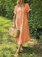 abordables Robe Rayée et Géométrique-Femmes Robe Longue Maxi Robe Robe Chemise Robe Décontractée Mode Extérieur Soirée Fête Coupe régulière Rayé Manche Courte Col de chemise Noir Blanche Jaune Rose Claire Été