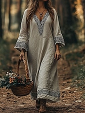 preiswerte Boho Kleider-Damen Maxikleid A Linie Kleid Urlaub Lässig Boho Strand Normale Passform Grafik Geometrisch Langarm V Ausschnitt Rosa Blau Purpur Grün Sommer Frühling Herbst