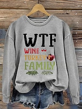 cheap Humor&amp;Quotes Tops-Women&#039;s Casual Wtf Wine Turkey Family Print Hoodies Letter Casual Long Sleeve Round Neck Regular Tops Work White Orange Green Gray Fall Winter