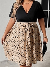 ieftine Rochii-Pentru femei Mărime Plus Rochie casual Leopard În V Manșon scurt Primăvară Toamnă Elegant Modă Modern Casual Rochie mini Zilnic Concediu Rochie