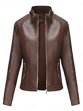 abordables vestes décontractées-Femmes Veste en Similicuir Veste Décontractée Confortable Respirant Fermeture éclair Avec Poches Occasionnel Uni Vacances Rue Occasionnel Tenue quotidienne Fermeture éclair Court À capuche Coupe