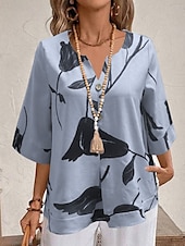 abordables Chemises-Femmes Chemise Fleuri Élégant Moderne Manche 3/4 Col en V Hauts Réguliers Quotidien Fête Imprimé Blanche Jaune Rouge Violet Bleu clair Été
