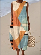 Dames Halflange jurk Zonnejurk Vakantie Casual Boho Feest Strand Ruim Passend Geometrisch Mouwloos Ronde hals Blozend Roze Rood blauw Oranje Zomer Lente voordelige Gestreepte & Geometrische Jurken-Dames Halflange jurk Zonnejurk Vakantie Casual Boho Feest Strand Ruim Passend Geometrisch Mouwloos Ronde hals Blozend Roze Rood blauw Oranje Zomer Lente