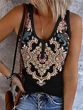 abordables Débardeur Boho-Femmes Débardeur caraco Fleuri Graphique Géométrique Bohème ancien Élégant Sans manches Col en V Hauts Réguliers Quotidien Imprimé Noir Rose Claire Bleu Marron Beige Été Printemps