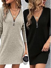 abordables Robes en tricot-Femmes Mini Robe Robe Tricot Robe Décontractée Robe d&#039;Hiver Mode Moderne Quotidien Date Week-end Coupe régulière Uni manche longue Col en V Noir Abricot Printemps Automne Hiver