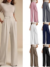billiga breda ben och hög midja-Dam Brett skaft Byxor Streetwear Ledigt Fullängd Naturlig Slät Elastisk midja Bekväm Gata Helgdag Dagliga kläder Aprikos Grå Svart Vit Höst Normal