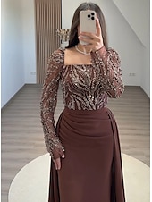 preiswerte Abendkleider-Abendkleid mit schwarzer Krawatte, Perlenbesatz, Spitze, abnehmbarer Überrock, elegantes Kleid, formelle Hochzeit, Schleppe, lange Ärmel, quadratischer Ausschnitt, mit Pailletten und gerüschten Perlen