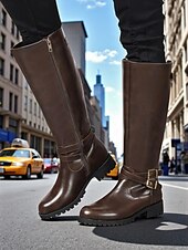 abordables Botas para montar-Botas de montar hasta la rodilla para mujer en color café con detalle de hebilla: botas clásicas de piel sintética de pantorrilla ancha para otoño, viajes y uso diario.