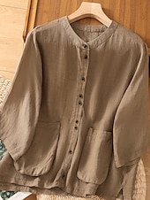 お買い得  シャツ-女性用 コットンリネンシャツ 純色 ベーシック カジュアル 七分袖 クルーネック レギュラートップス 日常 ポケット ボタン ホワイト ワイン グリーン カーキ色 夏 春 秋