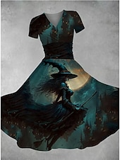 levne Halloweenské šaty-Halloween Dámské Midi Šaty A-Liniové Šaty Letní Šaty Fit a Flare Party Casual Denní Prázdny Regular Fit Graphic Abstraktní Krátký rukáv V výstřih Tmavě zelená Bílá Vínová červená Léto Podzim